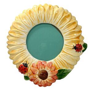 Vintage Ceramic Ladybug Sunflower Picture Photo Frame 3X3" Yellow Flower READ!